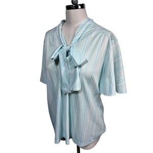 Vintage Fire Islander Blue Stripe Secretary‎ Blouse Bow Tie Neck Retro Coastal L